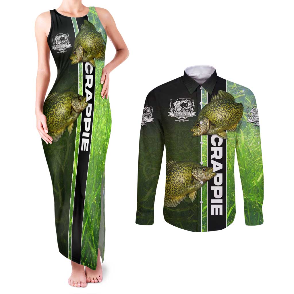 Crappie Fish Green Underwater Graphic Couples Matching Tank Maxi Dress and Long Sleeve Button Shirt with Custom Name and Fishing Logo Design - Wonder Print Shop