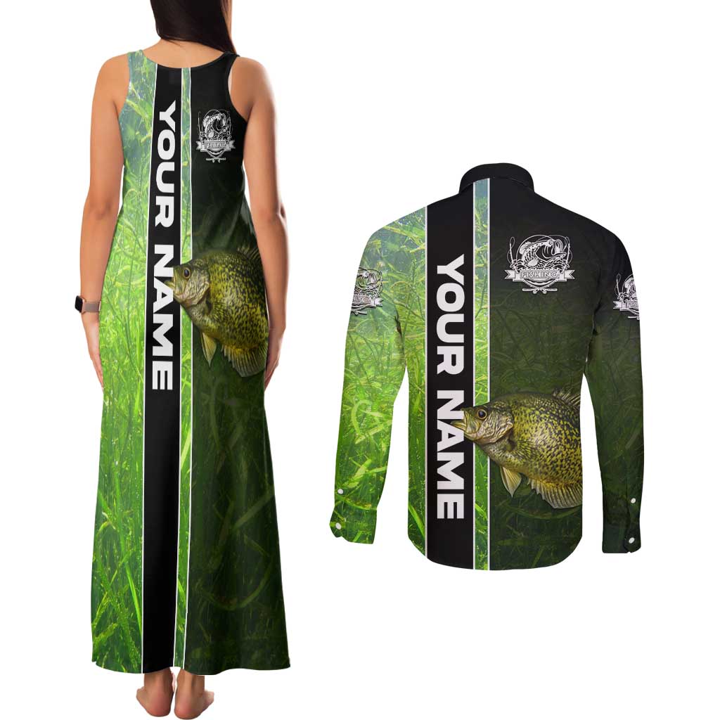 Crappie Fish Green Underwater Graphic Couples Matching Tank Maxi Dress and Long Sleeve Button Shirt with Custom Name and Fishing Logo Design - Wonder Print Shop