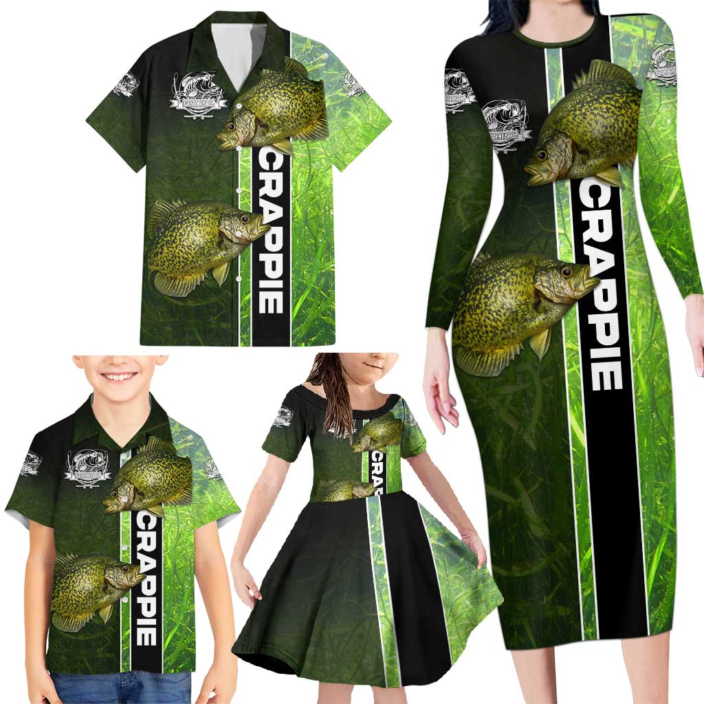 Crappie Fish Green Underwater Graphic Family Matching Long Sleeve Bodycon Dress and Hawaiian Shirt with Custom Name and Fishing Logo Design - Wonder Print Shop