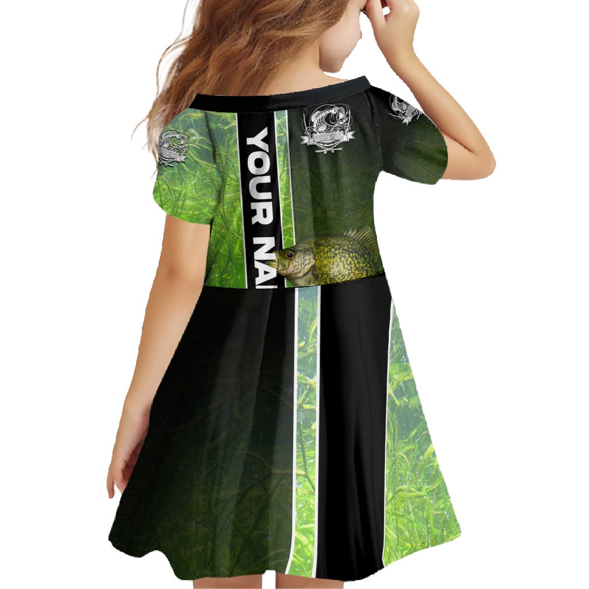 Crappie Fish Green Underwater Graphic Family Matching Off The Shoulder Long Sleeve Dress and Hawaiian Shirt with Custom Name and Fishing Logo Design - Wonder Print Shop