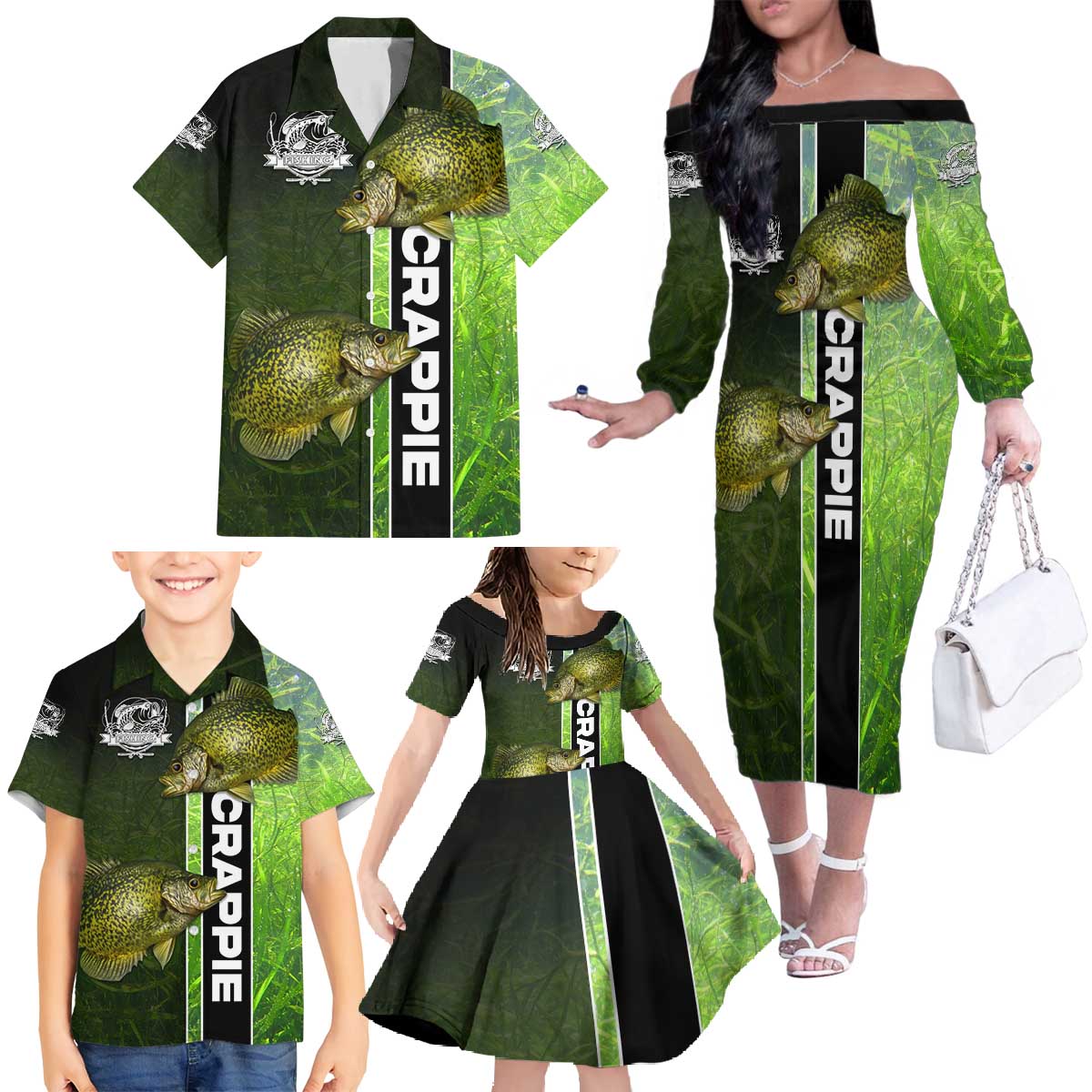 Crappie Fish Green Underwater Graphic Family Matching Off The Shoulder Long Sleeve Dress and Hawaiian Shirt with Custom Name and Fishing Logo Design - Wonder Print Shop