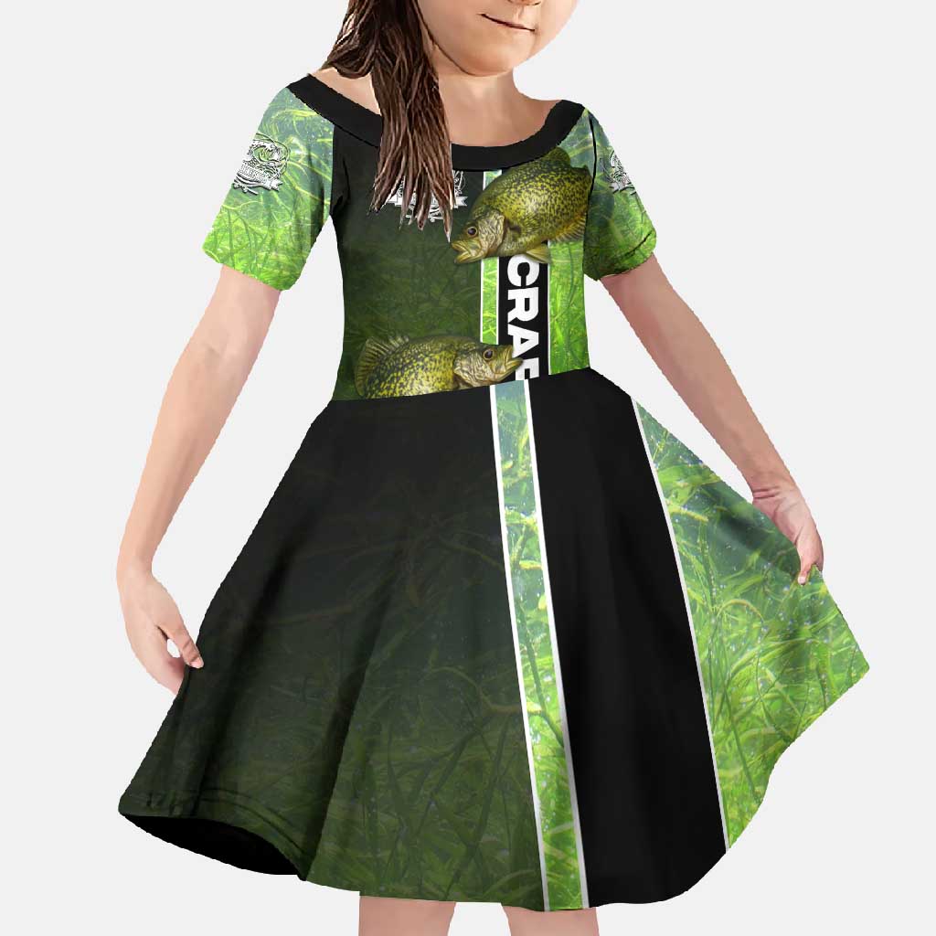 Crappie Fish Green Underwater Graphic Family Matching Off Shoulder Maxi Dress and Hawaiian Shirt with Custom Name and Fishing Logo Design - Wonder Print Shop