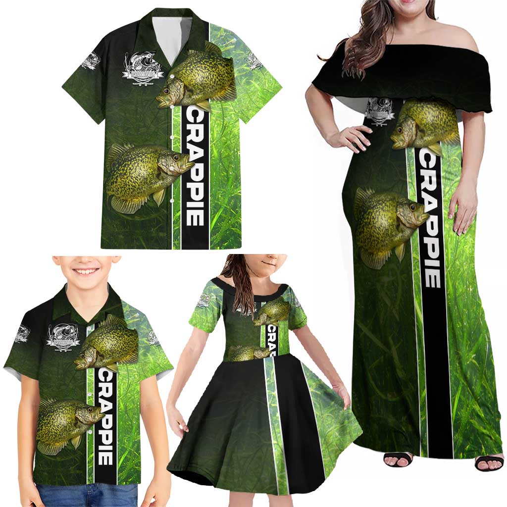 Crappie Fish Green Underwater Graphic Family Matching Off Shoulder Maxi Dress and Hawaiian Shirt with Custom Name and Fishing Logo Design - Wonder Print Shop