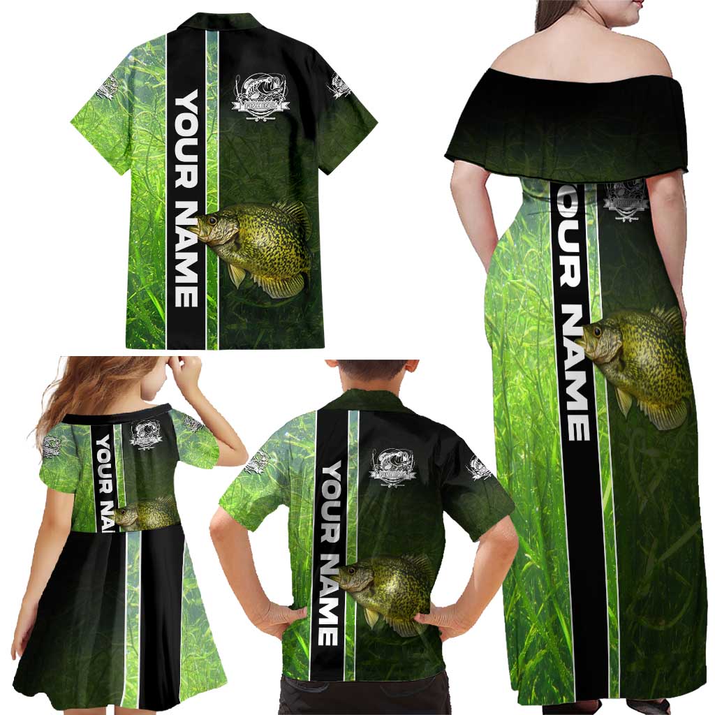 Crappie Fish Green Underwater Graphic Family Matching Off Shoulder Maxi Dress and Hawaiian Shirt with Custom Name and Fishing Logo Design - Wonder Print Shop