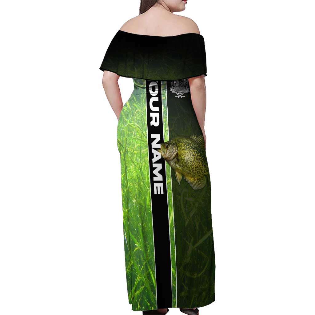 Crappie Fish Green Underwater Graphic Family Matching Off Shoulder Maxi Dress and Hawaiian Shirt with Custom Name and Fishing Logo Design - Wonder Print Shop