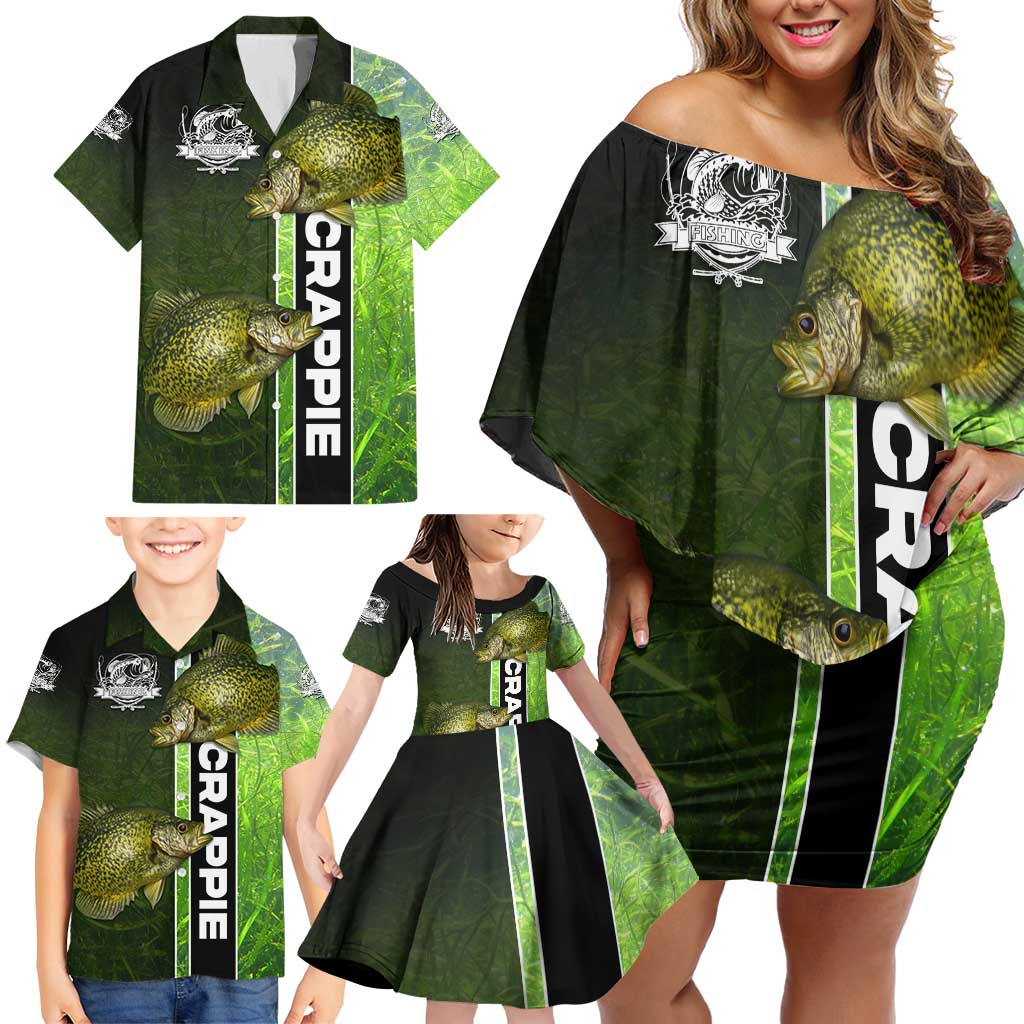 Crappie Fish Green Underwater Graphic Family Matching Off Shoulder Short Dress and Hawaiian Shirt with Custom Name and Fishing Logo Design - Wonder Print Shop