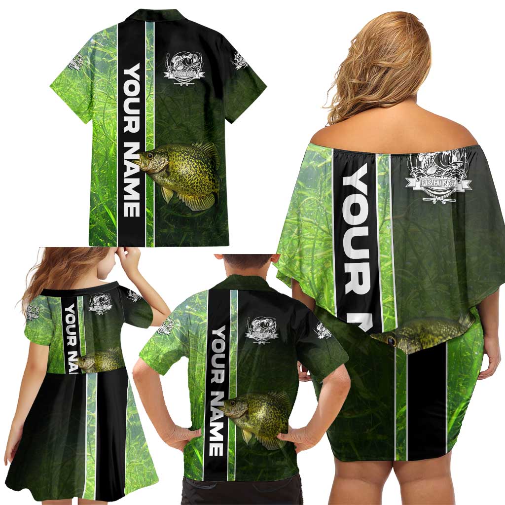 Crappie Fish Green Underwater Graphic Family Matching Off Shoulder Short Dress and Hawaiian Shirt with Custom Name and Fishing Logo Design - Wonder Print Shop