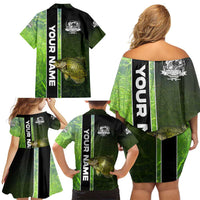Crappie Fish Green Underwater Graphic Family Matching Off Shoulder Short Dress and Hawaiian Shirt with Custom Name and Fishing Logo Design - Wonder Print Shop