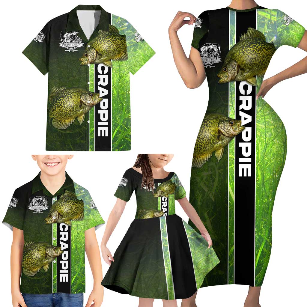 Crappie Fish Green Underwater Graphic Family Matching Short Sleeve Bodycon Dress and Hawaiian Shirt with Custom Name and Fishing Logo Design - Wonder Print Shop