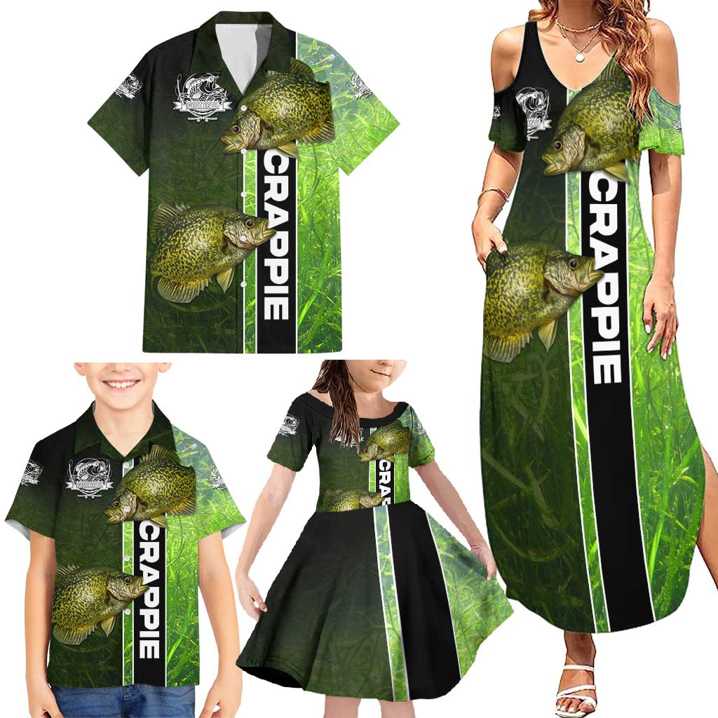 Crappie Fish Green Underwater Graphic Family Matching Summer Maxi Dress and Hawaiian Shirt with Custom Name and Fishing Logo Design - Wonder Print Shop