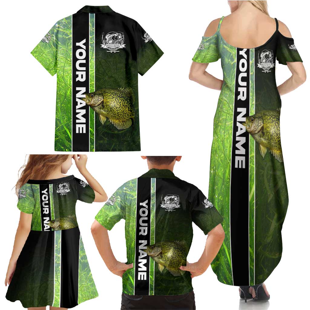 Crappie Fish Green Underwater Graphic Family Matching Summer Maxi Dress and Hawaiian Shirt with Custom Name and Fishing Logo Design - Wonder Print Shop