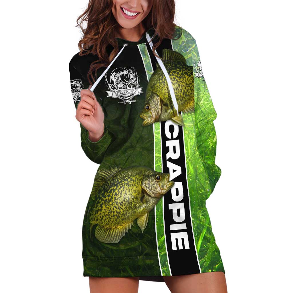 Crappie Fish Green Underwater Graphic Hoodie Dress with Custom Name and Fishing Logo Design - Wonder Print Shop