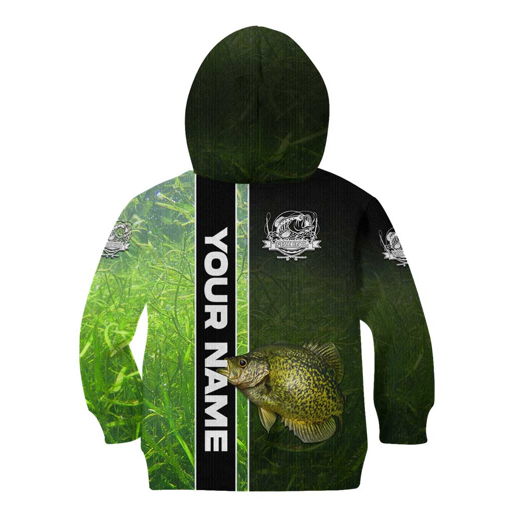 Crappie Fish Green Underwater Graphic Kid Hoodie with Custom Name and Fishing Logo Design - Wonder Print Shop