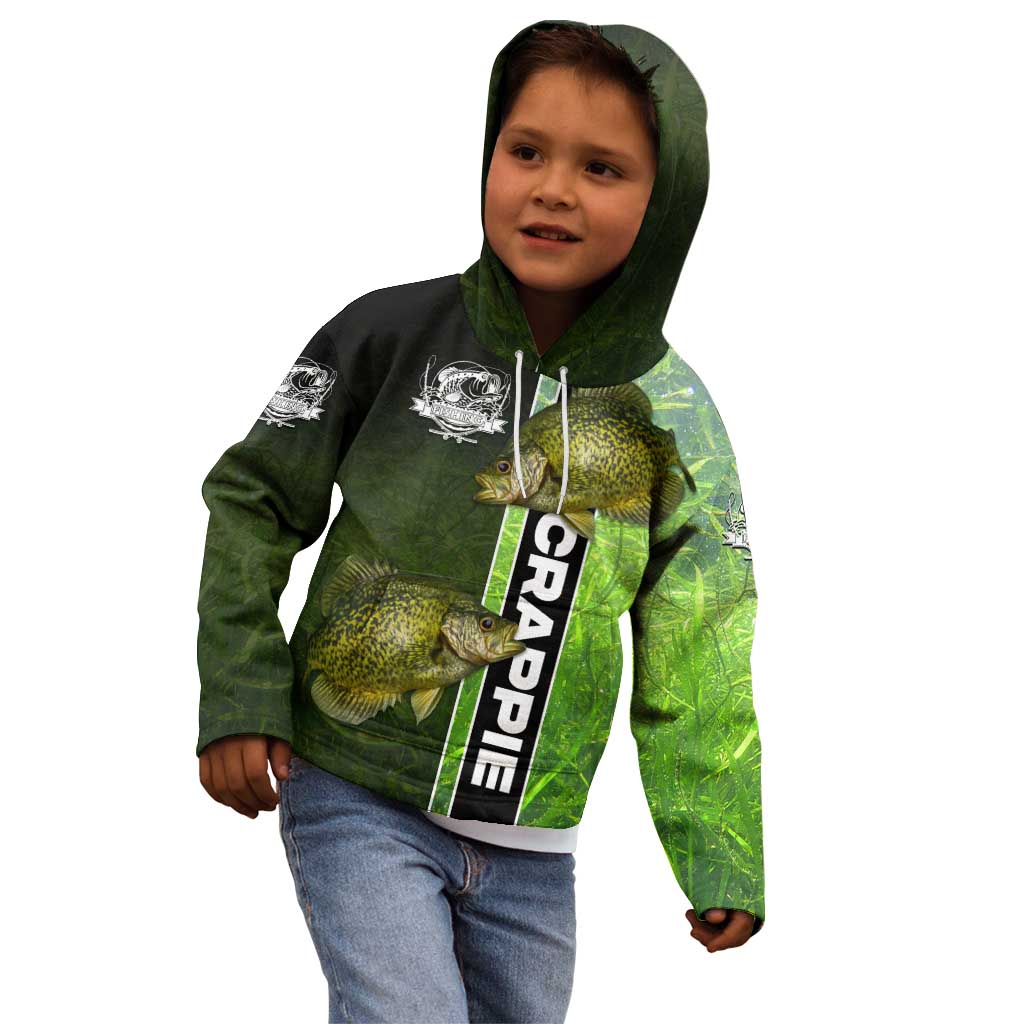 Crappie Fish Green Underwater Graphic Kid Hoodie with Custom Name and Fishing Logo Design - Wonder Print Shop