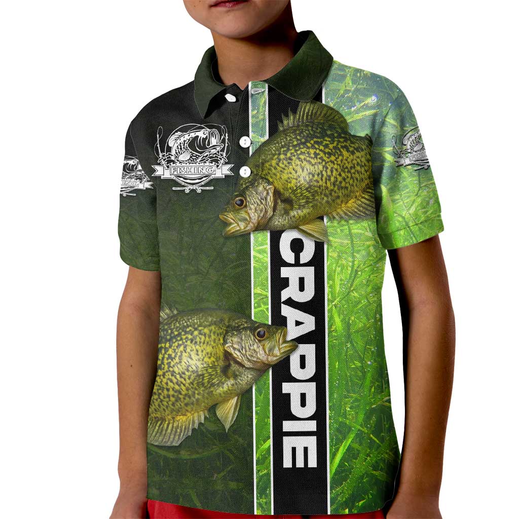 Crappie Fish Green Underwater Graphic Kid Polo Shirt with Custom Name and Fishing Logo Design - Wonder Print Shop
