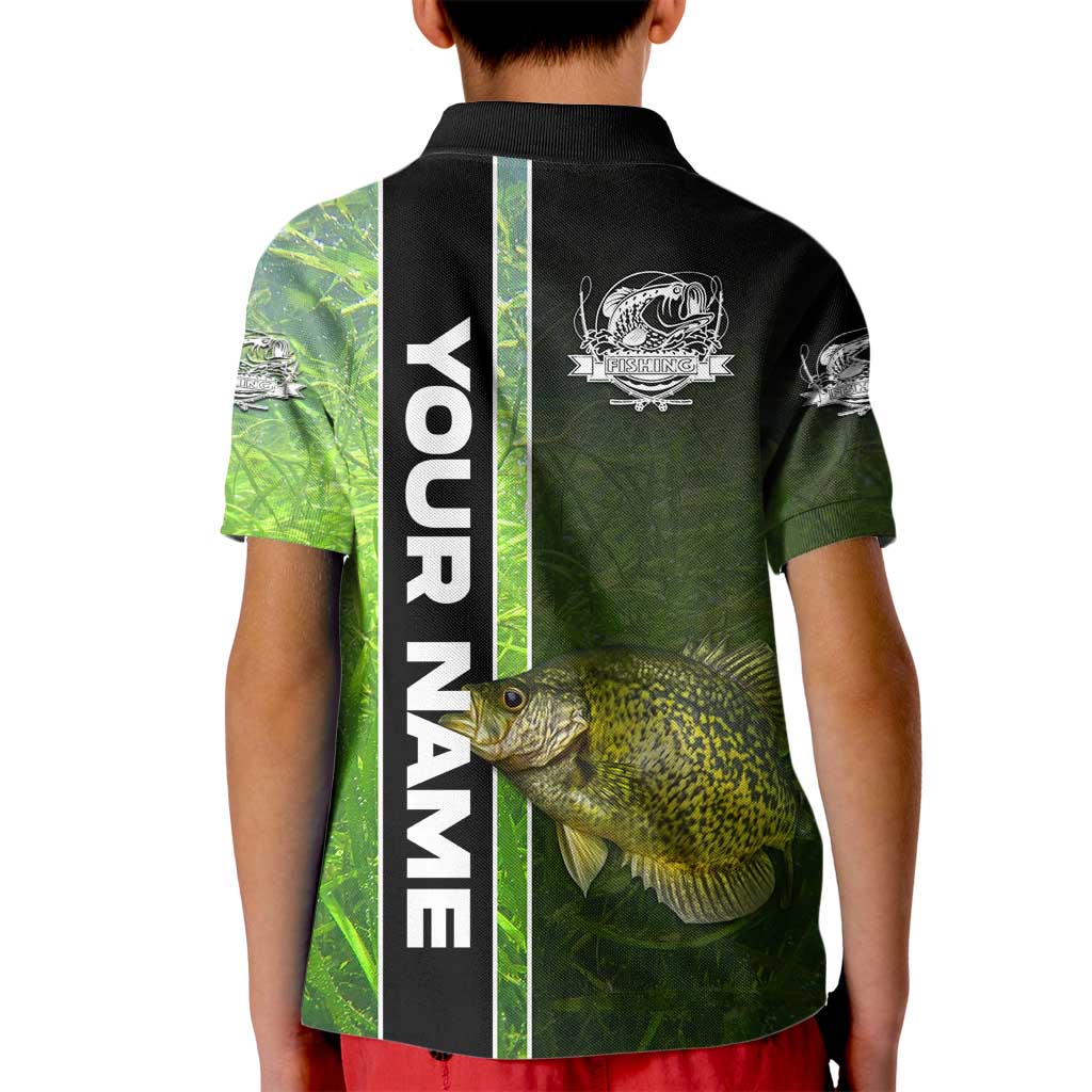 Crappie Fish Green Underwater Graphic Kid Polo Shirt with Custom Name and Fishing Logo Design - Wonder Print Shop