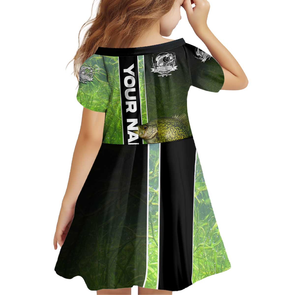 Crappie Fish Green Underwater Graphic Kid Short Sleeve Dress with Custom Name and Fishing Logo Design - Wonder Print Shop