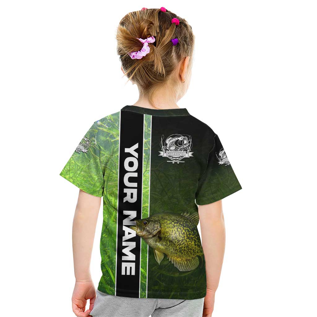 Crappie Fish Green Underwater Graphic Kid T Shirt with Custom Name and Fishing Logo Design - Wonder Print Shop