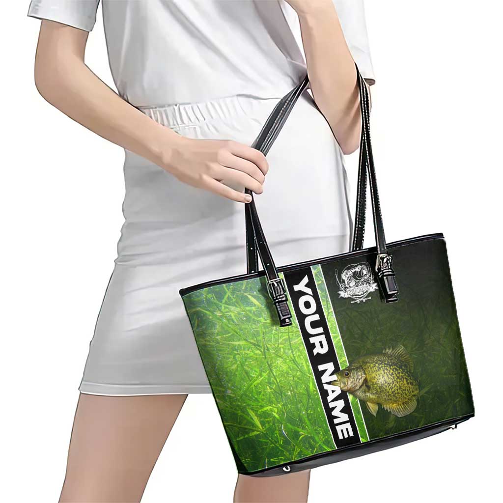 Crappie Fish Green Underwater Graphic Leather Tote Bag with Custom Name and Fishing Logo Design - Wonder Print Shop