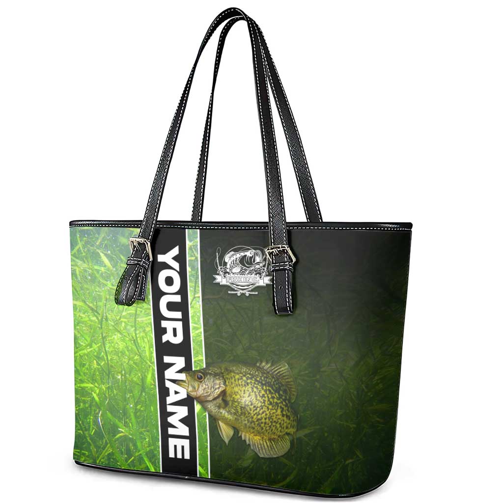 Crappie Fish Green Underwater Graphic Leather Tote Bag with Custom Name and Fishing Logo Design - Wonder Print Shop