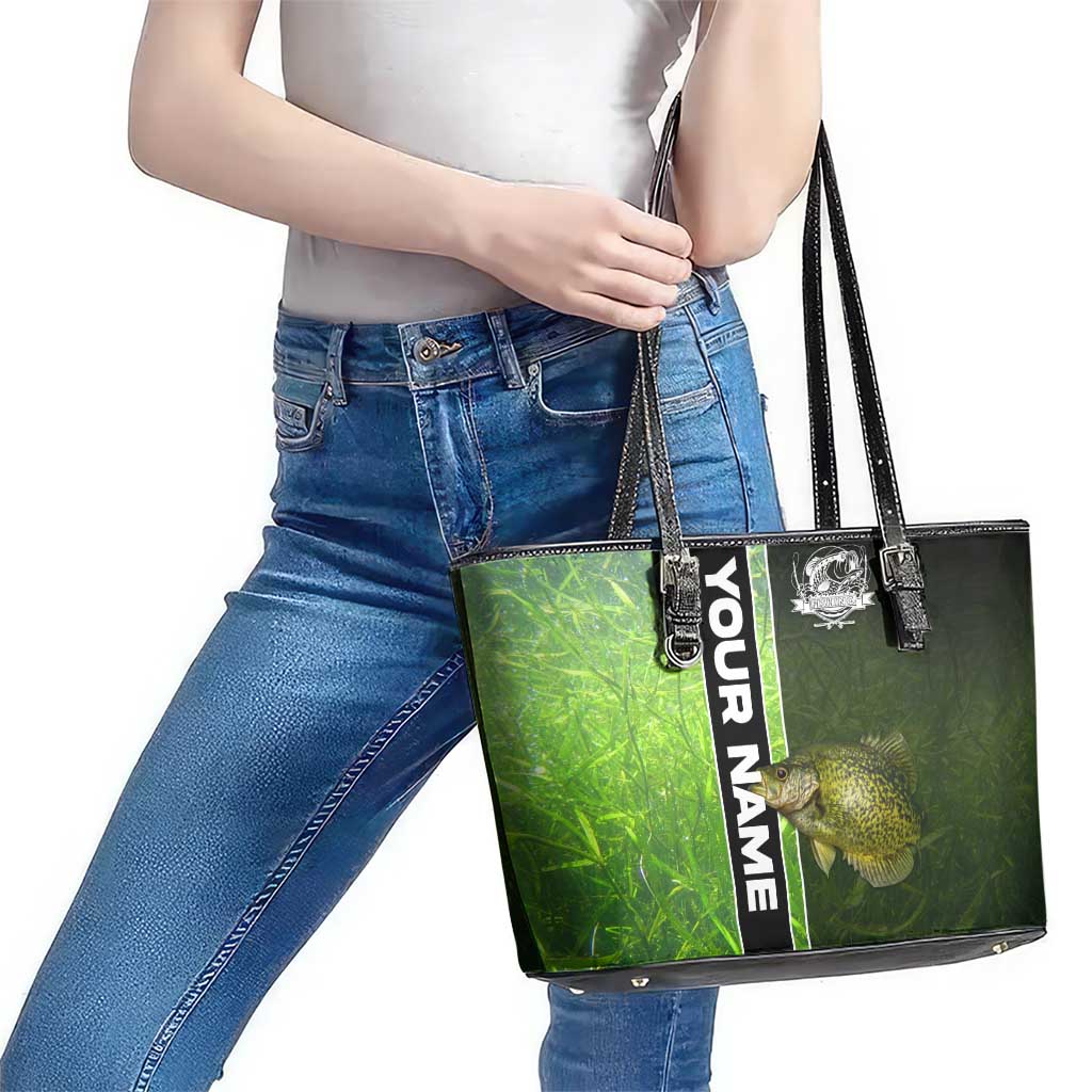Crappie Fish Green Underwater Graphic Leather Tote Bag with Custom Name and Fishing Logo Design - Wonder Print Shop