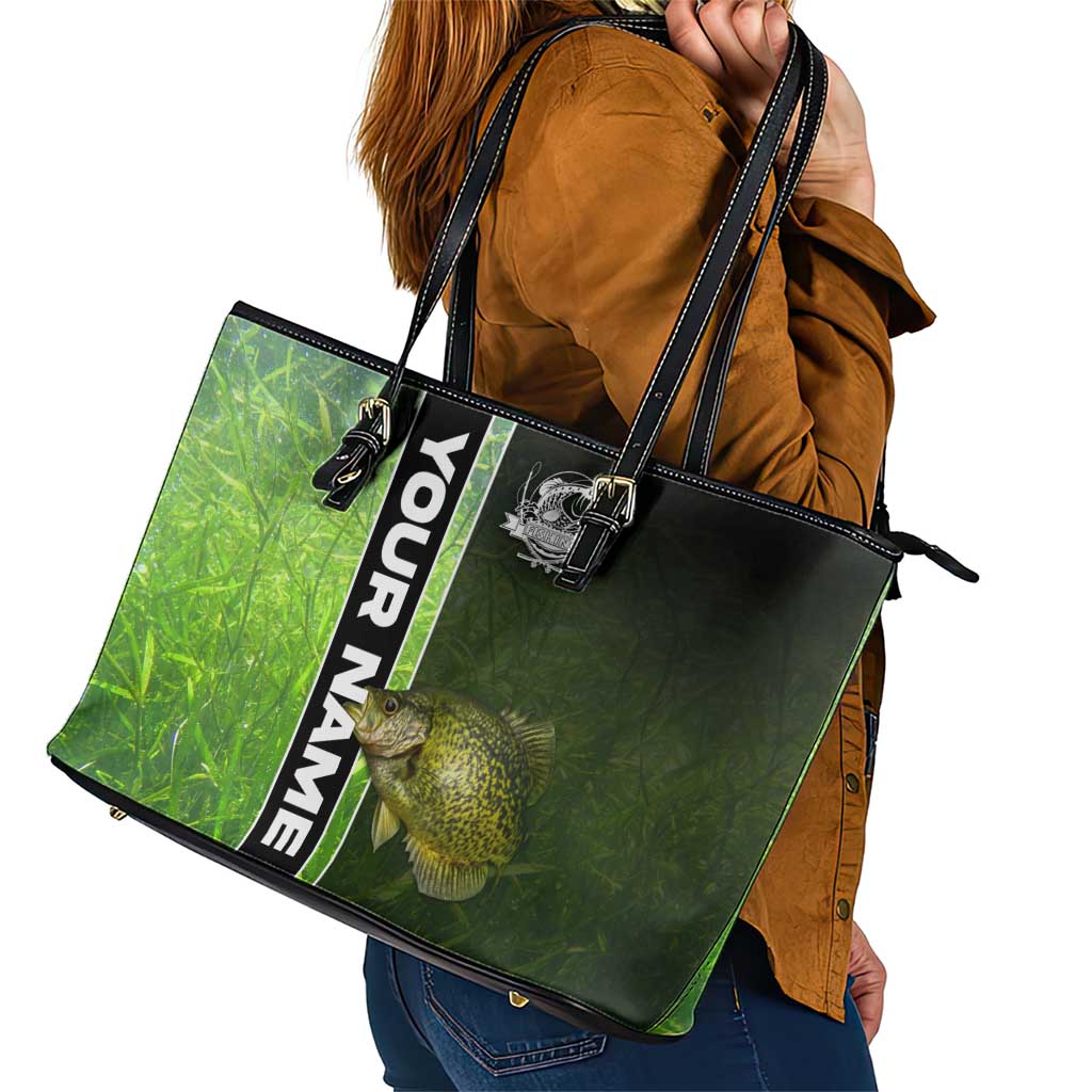 Crappie Fish Green Underwater Graphic Leather Tote Bag with Custom Name and Fishing Logo Design - Wonder Print Shop