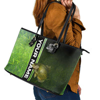 Crappie Fish Green Underwater Graphic Leather Tote Bag with Custom Name and Fishing Logo Design - Wonder Print Shop