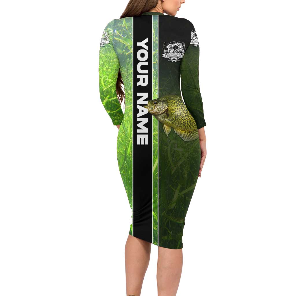 Crappie Fish Green Underwater Graphic Long Sleeve Bodycon Dress with Custom Name and Fishing Logo Design - Wonder Print Shop
