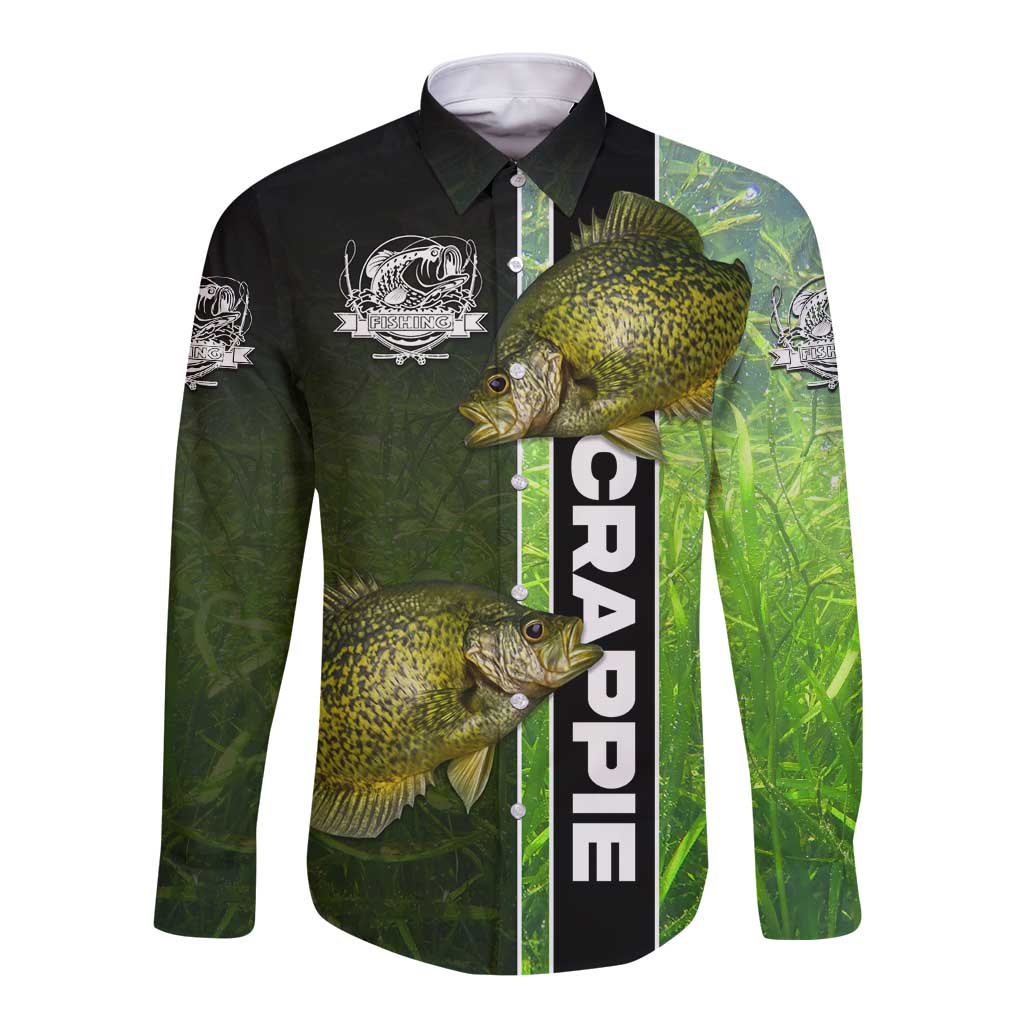 Crappie Fish Green Underwater Graphic Long Sleeve Button Shirt with Custom Name and Fishing Logo Design - Wonder Print Shop