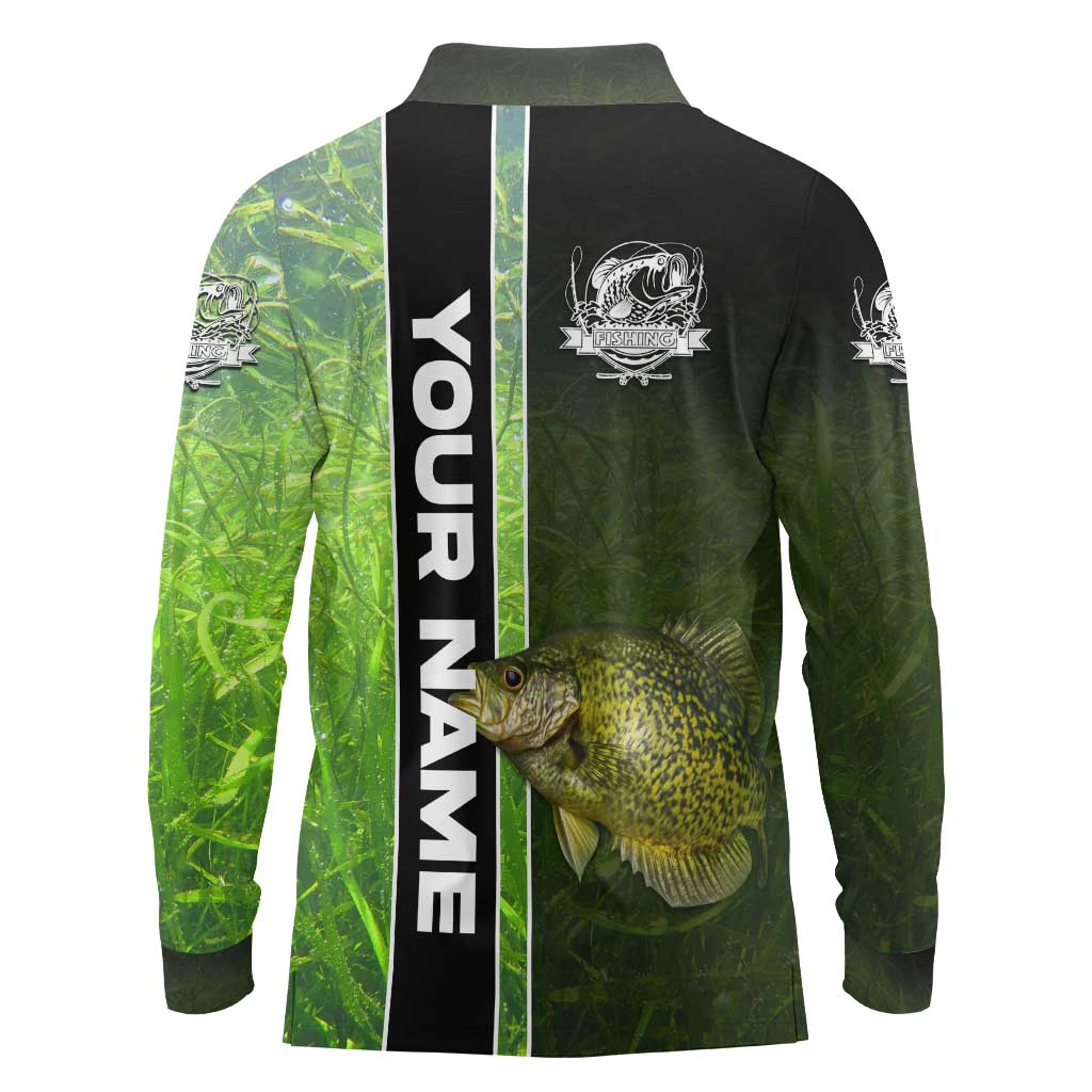 Crappie Fish Green Underwater Graphic Long Sleeve Polo Shirt with Custom Name and Fishing Logo Design - Wonder Print Shop
