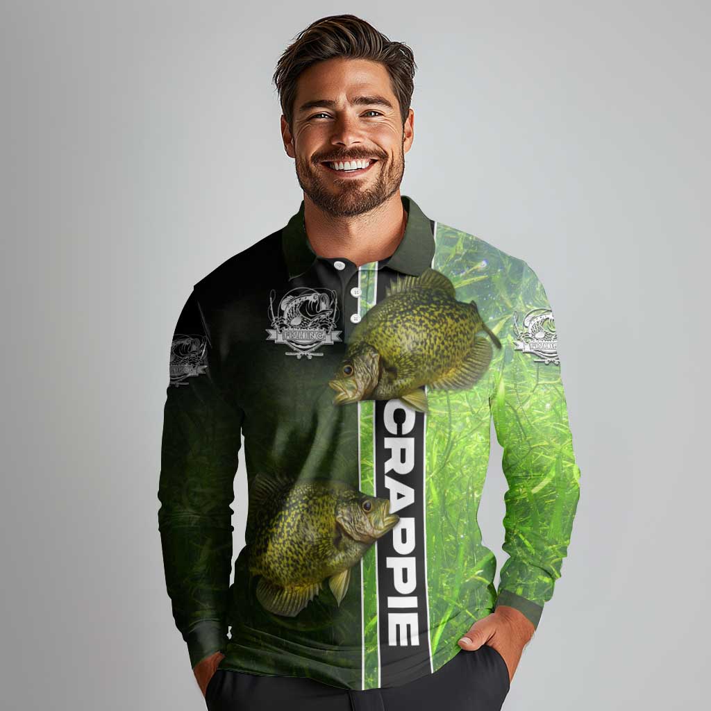 Crappie Fish Green Underwater Graphic Long Sleeve Polo Shirt with Custom Name and Fishing Logo Design - Wonder Print Shop