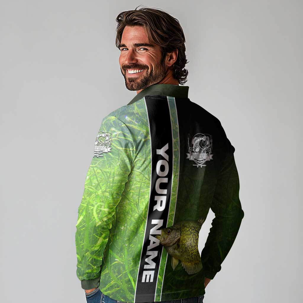 Crappie Fish Green Underwater Graphic Long Sleeve Polo Shirt with Custom Name and Fishing Logo Design - Wonder Print Shop