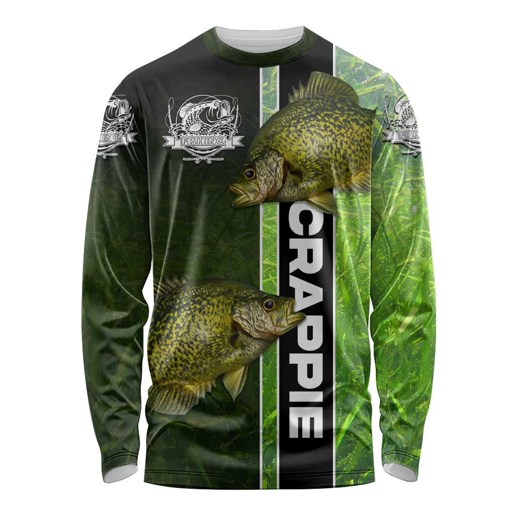 Crappie Fish Green Underwater Graphic Long Sleeve Shirt with Custom Name and Fishing Logo Design - Wonder Print Shop