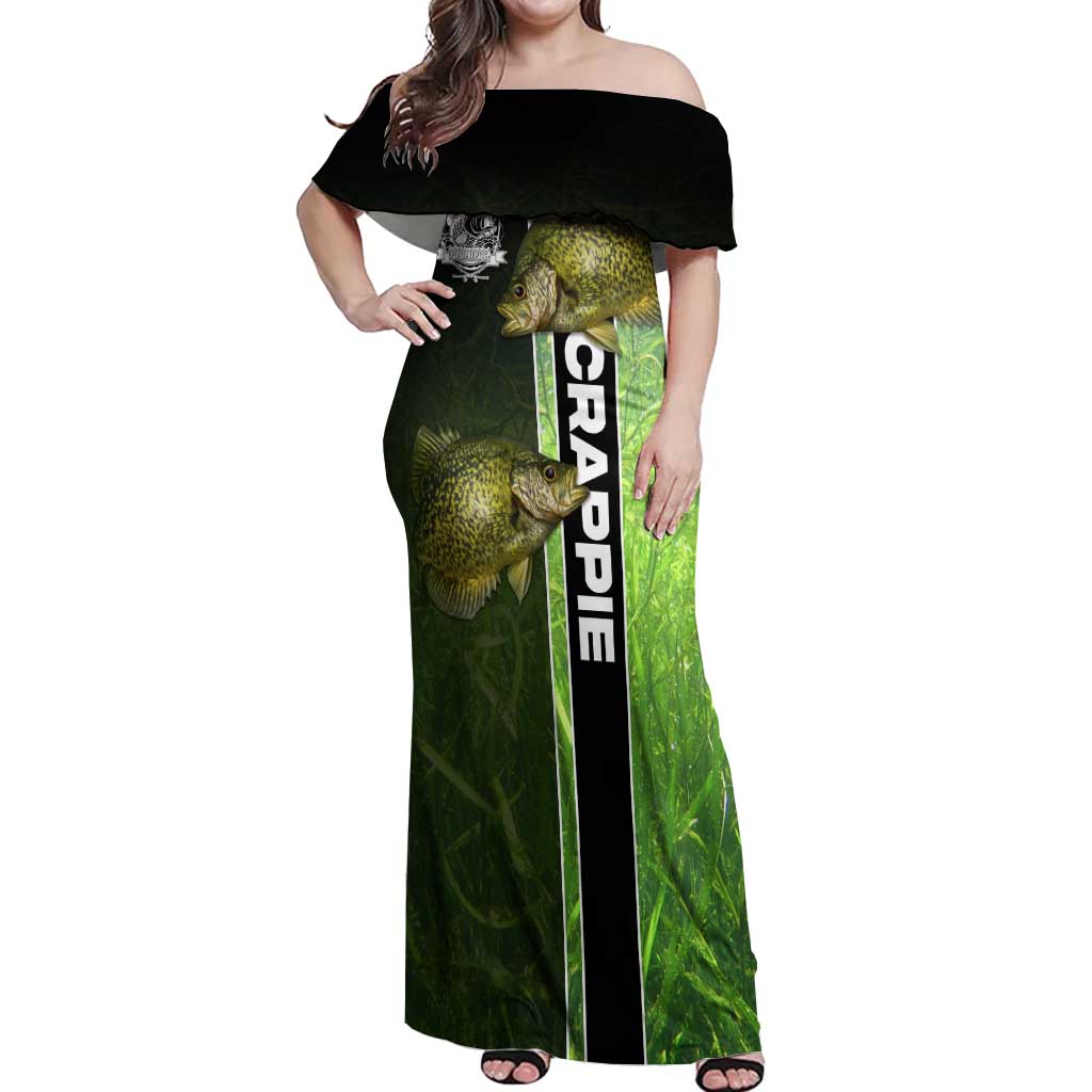 Crappie Fish Green Underwater Graphic Off Shoulder Maxi Dress with Custom Name and Fishing Logo Design - Wonder Print Shop