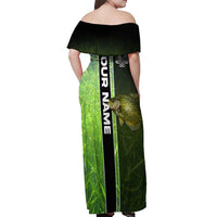 Crappie Fish Green Underwater Graphic Off Shoulder Maxi Dress with Custom Name and Fishing Logo Design - Wonder Print Shop