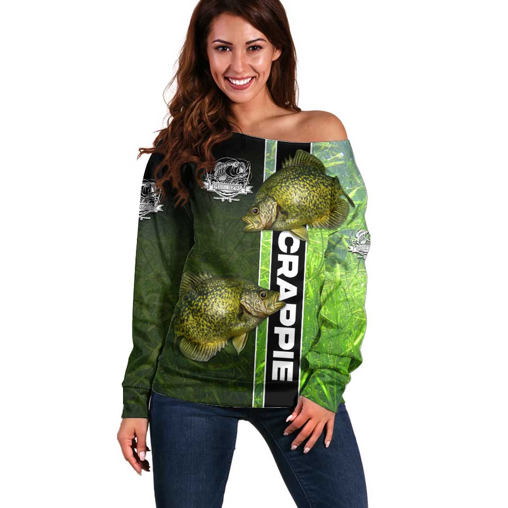 Crappie Fish Green Underwater Graphic Off Shoulder Sweater with Custom Name and Fishing Logo Design - Wonder Print Shop
