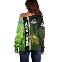 Crappie Fish Green Underwater Graphic Off Shoulder Sweater with Custom Name and Fishing Logo Design - Wonder Print Shop