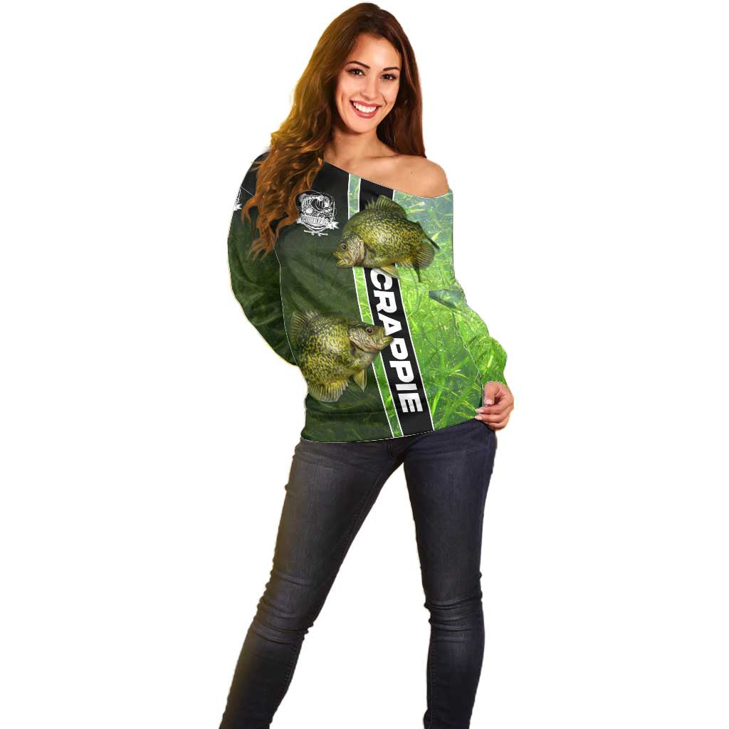 Crappie Fish Green Underwater Graphic Off Shoulder Sweater with Custom Name and Fishing Logo Design - Wonder Print Shop