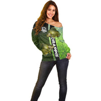 Crappie Fish Green Underwater Graphic Off Shoulder Sweater with Custom Name and Fishing Logo Design - Wonder Print Shop