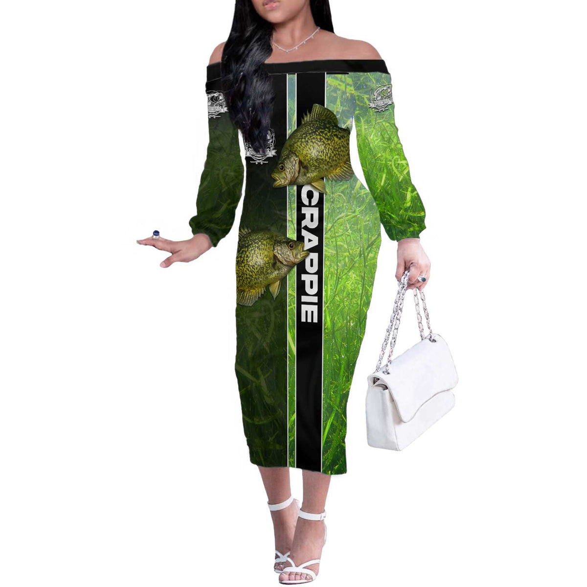 Crappie Fish Green Underwater Graphic Off The Shoulder Long Sleeve Dress with Custom Name and Fishing Logo Design - Wonder Print Shop