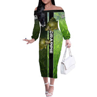 Crappie Fish Green Underwater Graphic Off The Shoulder Long Sleeve Dress with Custom Name and Fishing Logo Design - Wonder Print Shop