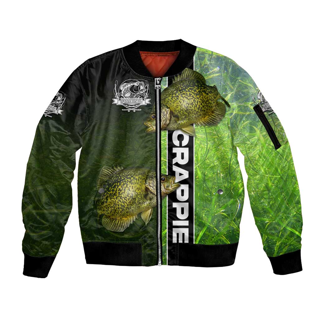 Crappie Fish Green Underwater Graphic Sleeve Zip Bomber Jacket with Custom Name and Fishing Logo Design - Wonder Print Shop