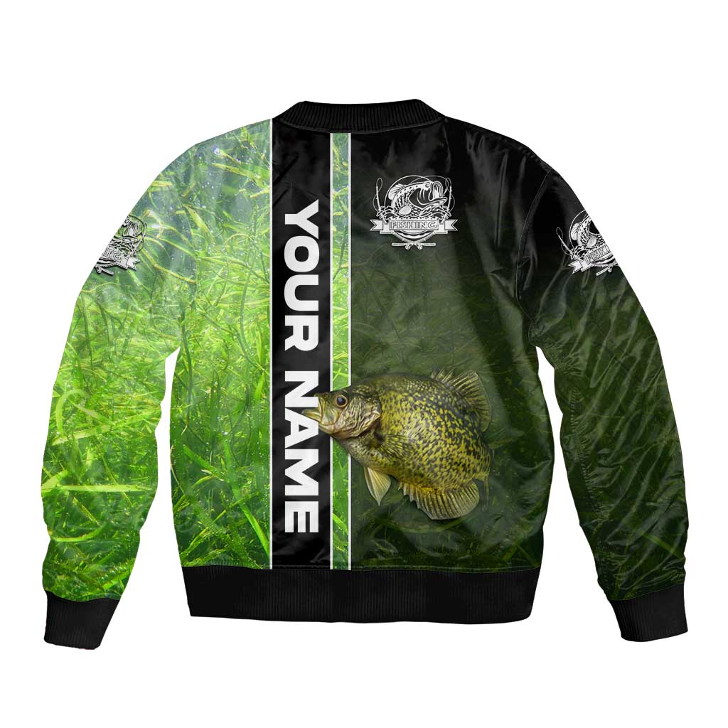 Crappie Fish Green Underwater Graphic Sleeve Zip Bomber Jacket with Custom Name and Fishing Logo Design - Wonder Print Shop