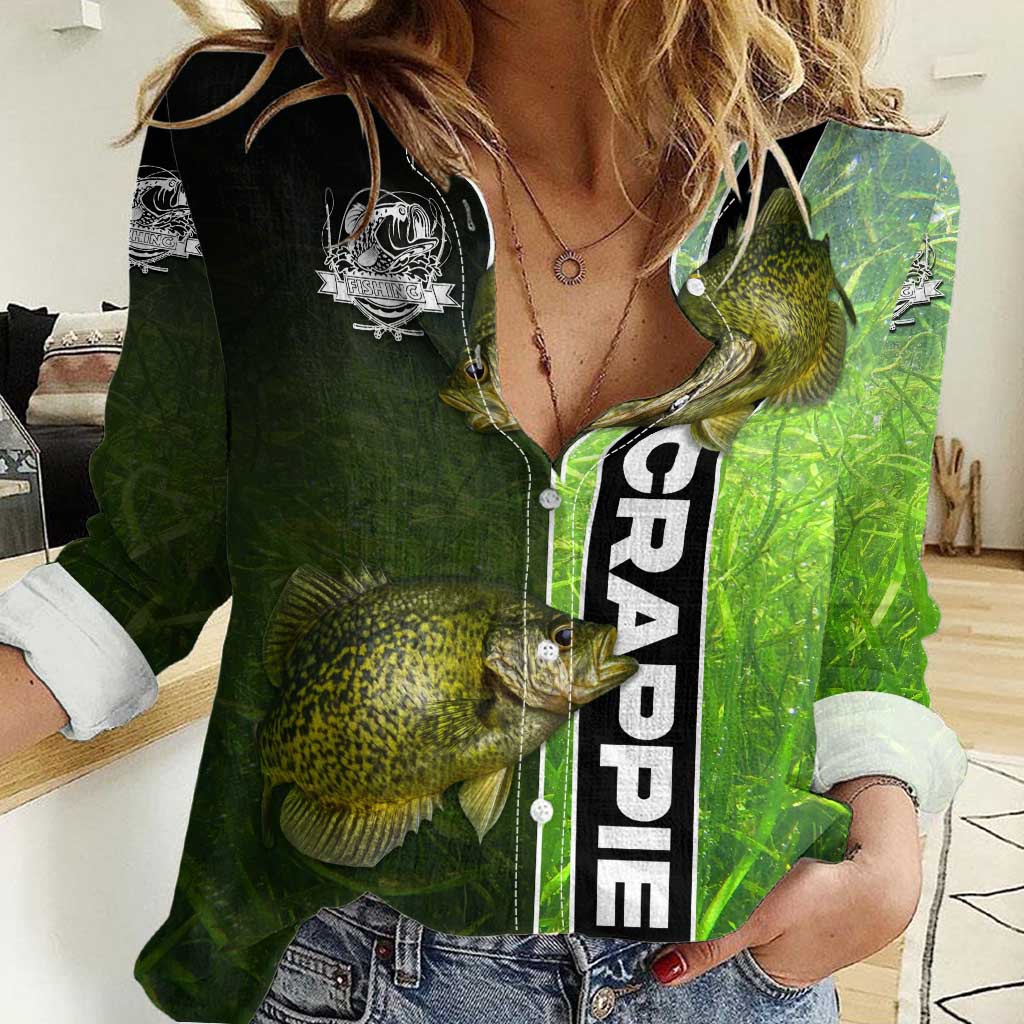 Crappie Fish Green Underwater Graphic Women Casual Shirt with Custom Name and Fishing Logo Design - Wonder Print Shop