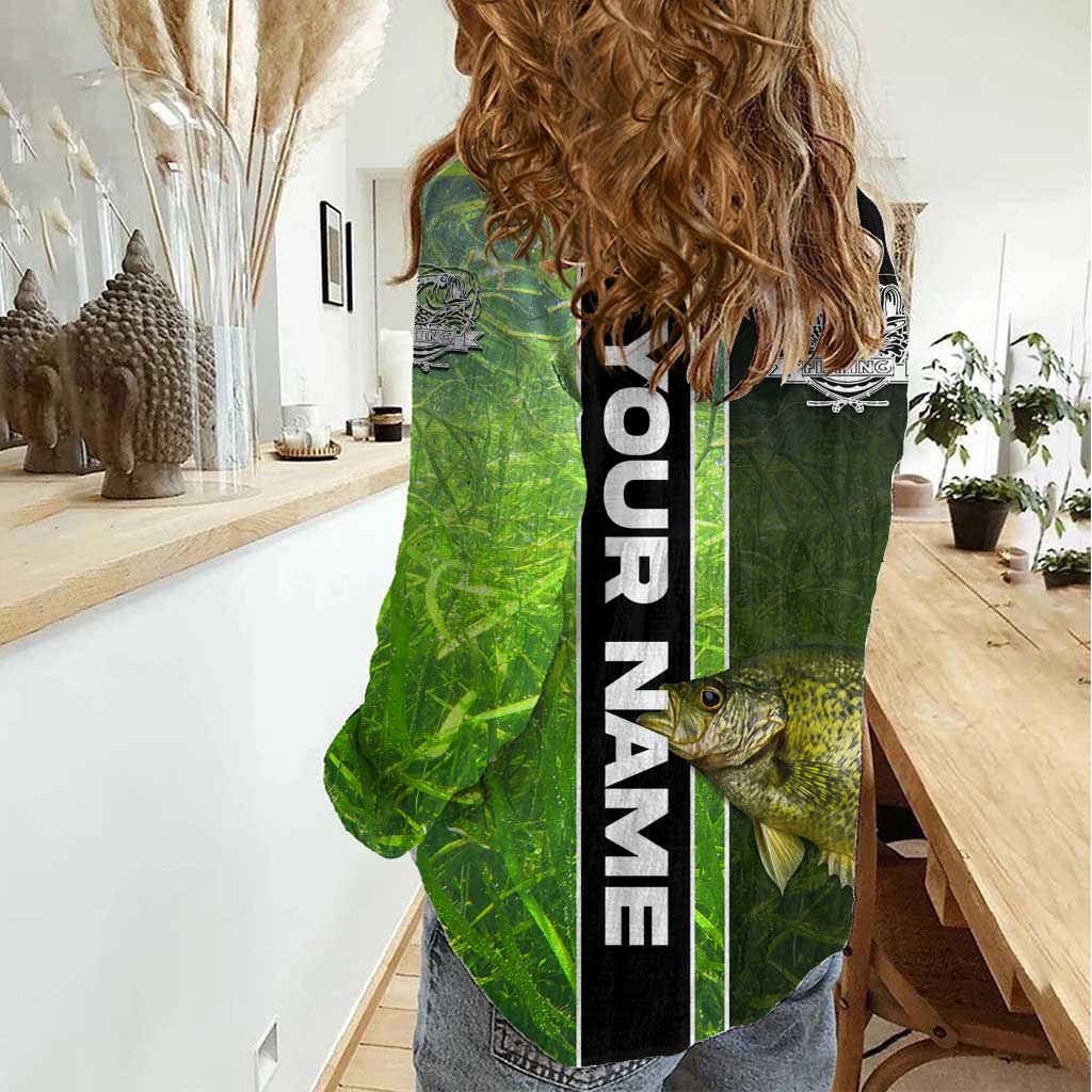 Crappie Fish Green Underwater Graphic Women Casual Shirt with Custom Name and Fishing Logo Design - Wonder Print Shop