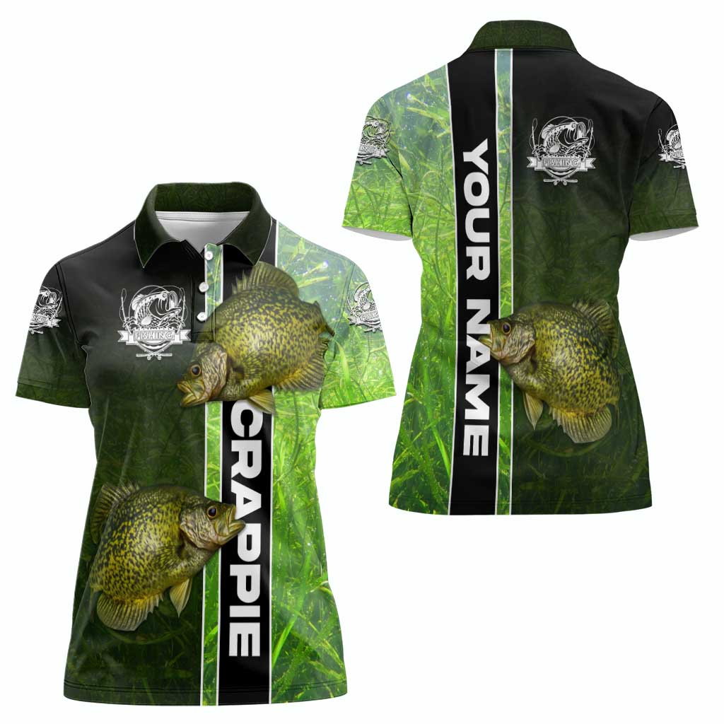Crappie Fish Green Underwater Graphic Women Polo Shirt with Custom Name and Fishing Logo Design - Wonder Print Shop