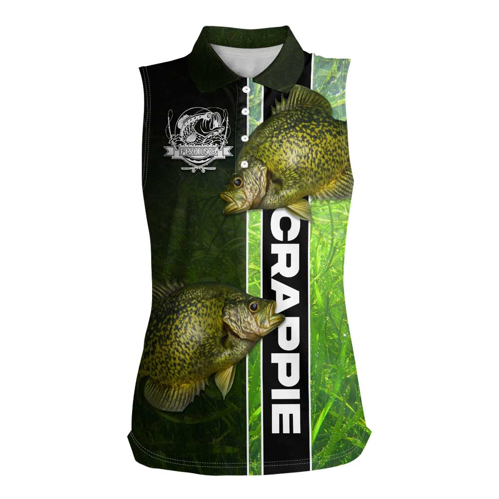 Crappie Fish Green Underwater Graphic Women Sleeveless Polo Shirt with Custom Name and Fishing Logo Design - Wonder Print Shop