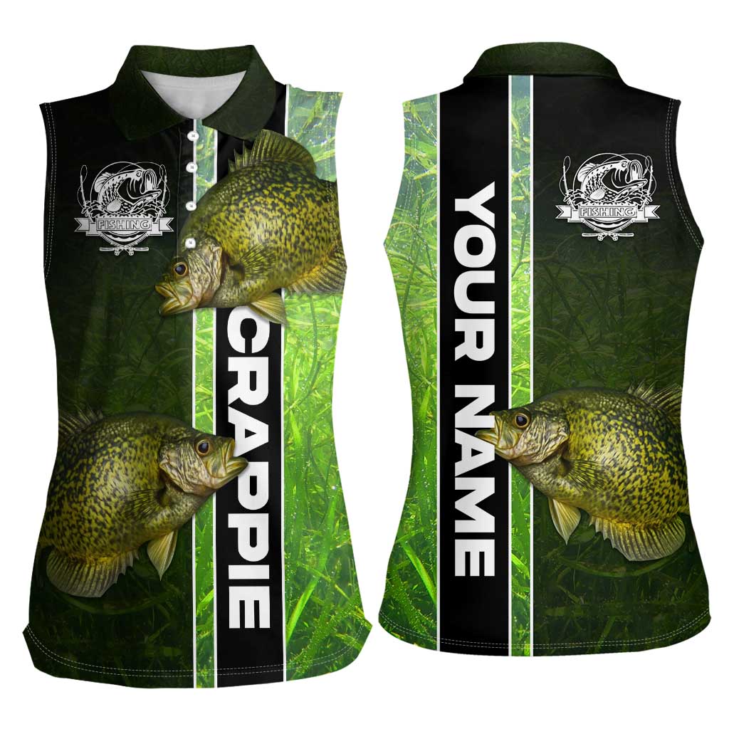 Crappie Fish Green Underwater Graphic Women Sleeveless Polo Shirt with Custom Name and Fishing Logo Design - Wonder Print Shop