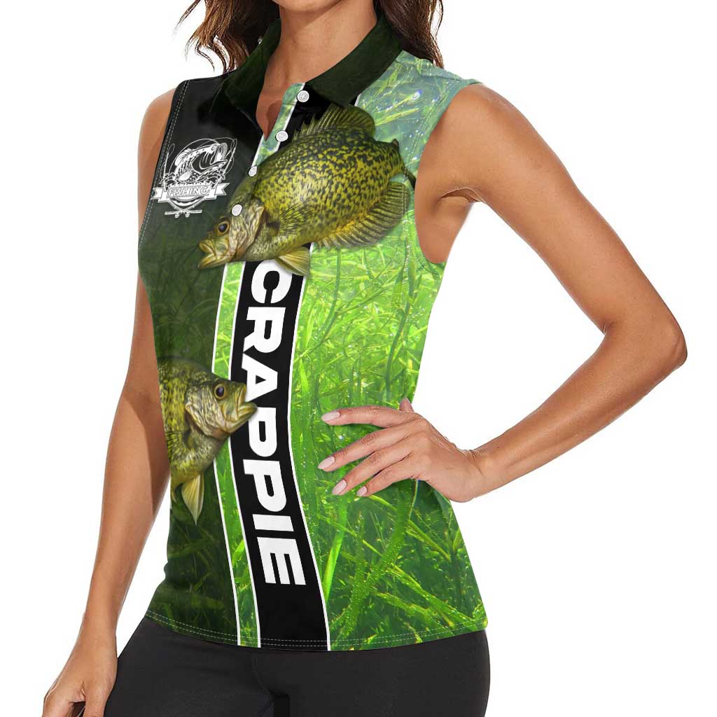 Crappie Fish Green Underwater Graphic Women Sleeveless Polo Shirt with Custom Name and Fishing Logo Design - Wonder Print Shop