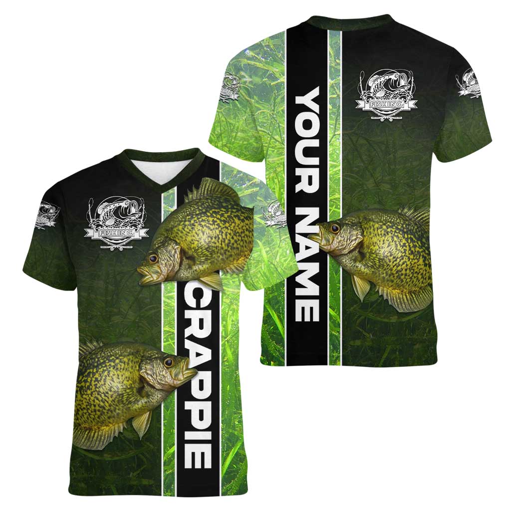 Crappie Fish Green Underwater Graphic Women V-Neck T-Shirt with Custom Name and Fishing Logo Design - Wonder Print Shop